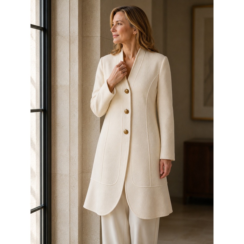 St. John 100% Wool Boiled Knit Long Coat Jacket Ivory Cream Gold Buttons 10